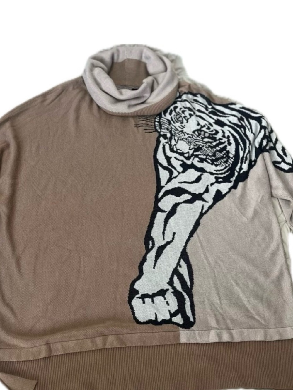 Sharon Young Brown and Cream Turtleneck Sweater with Tiger Graphic